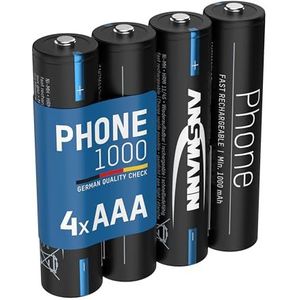 ANSMANN 4 x AAA 1000 mAh NiMH 1,2 V telefoonbatterijen, oplaadbare en krachtige batterijen, ideaal voor DECT-telefoon en babyfoons