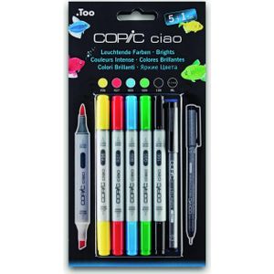 COPIC Ciao Marker 5+1 Set ""Bright Colours"", 5 all-round layout markers op alcoholbasis, met een medium breedte en een penseelpunt, incl. 1 Multiliner 0,3 mm