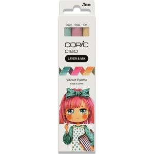 Copic Ciao LAYER & MIX ""Vibrant Palette"", markerset met 3 verschillende kleuren, layout markers met elk een medium brede punt en een penseelpunt