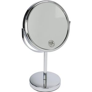 Fantasia Staande spiegel rond - tweezijdig, normaal en 10-voudige vergroting, make-up spiegel Ø 18 cm, hoogte: 32 cm, cosmetische spiegel metaal/zilver