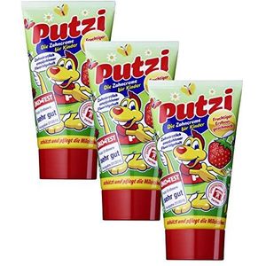 Putzi Tandpasta voor kinderen, aardbeien, 3 x 50 ml, kindertandpasta, tandverzorging, tandpasta