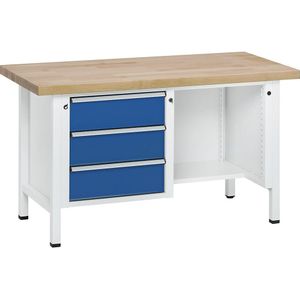 ANKE Werkbank, stellingconstructie Serie V, 3 laden, ½ aflegbord, werkhoogte 890 mm, universeel blad