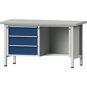 ANKE Werkbank, stellingconstructie Serie V, 3 laden, ½ legbord, plaatstalen toplaag, volledig uitschuifbaar