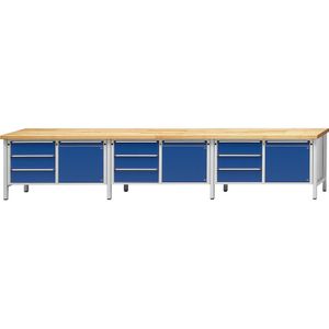 ANKE Werkbank extra breed, stellingbouw, 3 deuren, 9 laden volledig uitschuifbaar, werkhoogte 890 mm, massief beukenhouten blad