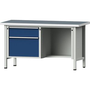 ANKE Werkbank, stellingconstructie Serie V, 2 laden, ½ legbord, universeel blad, volledig uitschuifbaar