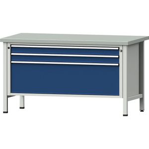 ANKE Werkbank met XL/XXL laden, stellingbouw, breedte 1500 mm, 3 laden, blad met plaatstalen toplaag, front gentiaanblauw