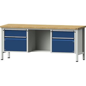 ANKE Werkbank, stellingconstructie Serie V, 2 laden, 2 deuren, ½ legbord, massief beukenhout, gedeeltelijk uitschuifbaar