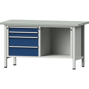ANKE Werkbank, stellingconstructie Serie V, 4 laden, 1 legbord, plaatstalen toplaag, hoogte 840 mm