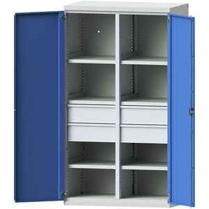 eurokraft pro Zwaarlastkast van staal, 6 legborden, 4 laden, 180 mm hoog, lichtgrijs / lichtblauw