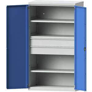 eurokraft pro Zwaarlastkast van staal, 3 legborden, 2 laden, 180 mm hoog, lichtgrijs / lichtblauw
