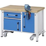 eurokraft pro Compacte werkbank met neerlaatbaar onderstel en bankschroef, massief beukenhouten blad, b x d x h = 1270 x 700 x 850 mm