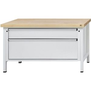 ANKE Werkbank met XL/XXL laden, stellingbouw, breedte 1500 mm, 2 laden, massief beukenhouten blad, front lichtgrijs