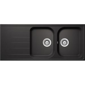 SCHOCK | Lithos keukenspoelbak met 2 wastafels met afdruipvlak, omkeerbare badkuip, materiaal Cristalite®, absoluut zwart, 1160 x 500 mm
