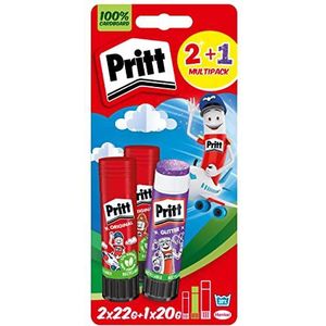 Pritt lijmstift design-motief set, kindvriendelijke lijm voor knutselen, sterke lijm voor school en kantoor, 2x 22 g originele Pritt stift en 1x 20 g gekleurde