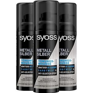 Syoss Kleurmousse metaal zilver (3 x 120 ml), uitwasbare schuimtint voor een kleurtwist, verzorgend kleuroverend schuim met anti-geelheid effect voor blond haar