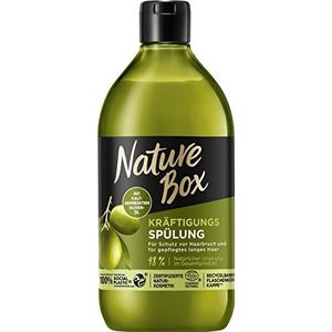 Nature Box Spoelversterking (385 ml), spoeling met olijfolie geeft verzorgd lang haar en beschermt tegen haarbreuk, fles van 100% sociaal plastic