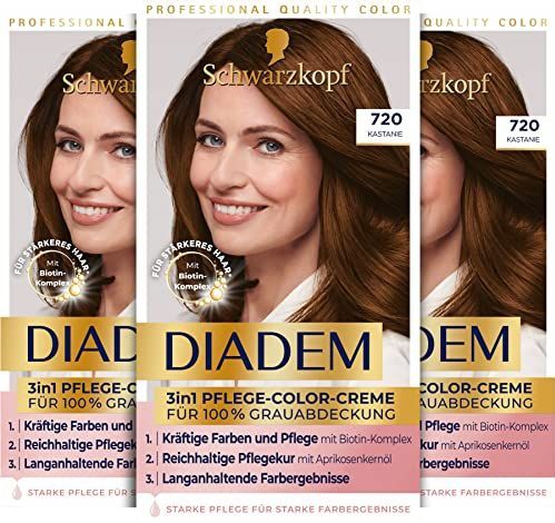 Schwarzkopf Diadem 3-in-1 verzorgende kleurcrème 720 kastanje (3 x 170 ml), permanente haarkleur, haarverzorgingsformule voor gezond uitziende resultaten, 100% grijsdekking