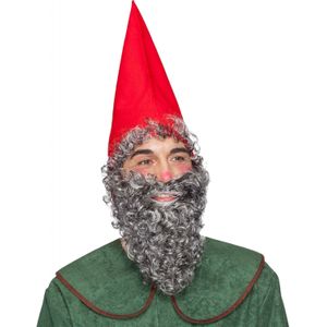 Carnaval verkleed kabouter set - hoed en baard - puntmuts - rood - volwassenen - sprookje