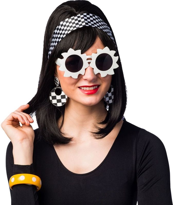 Carnaval verkleed jaren 60 setje - zwart/wit - dames - hippie/flower power - Brigitte Bardot ruitjes