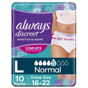 Always Discrete incontinentiebroek voor dames, L, UK 16-22, wit, absorptievermogen 6, 20 ondergoed/onderbroeken (10 x 2 stuks), (verpakking kan variëren)