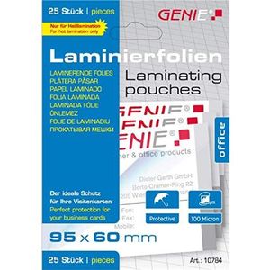 Genie 10784 lamineerfolie (transparant, 100 micron voor visitekaartjes-formaten, geschikt voor alle warmte-lamineerapparaten, 95 x 60 mm) 25 stuks