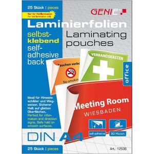 25 GENIE Laminierfolien glänzend für A4 80 micron selbstklebender Rücken