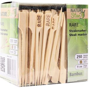 250 houten spiesjes prikkers 9 cm van bamboe met opdruk Rare - hapjes barbecue grill sate stokjes - Vlees Steak marker - wegwerp