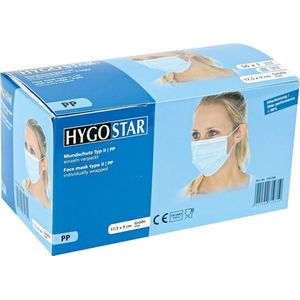 Per stuk apart verpakt! Hygostar gecertificeerd chirurgisch mondmasker (medisch Type II) mondkapje 3-laags blauw 50 stuks met oorelastiek