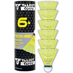 Talbot-Torro® Badminton Ball Tech 450, doos van 6 stuks, kleur: geel, snelheid: blauw/medium, premium nylon shuttle, shuttle, nylon shuttles, voor binnen en buiten shuttles en badminton