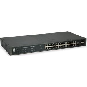 LevelOne 24x Ethernet, 2x SFP, PoE L2 Buffer, AC, 50/60 Hz (26 Havens), Netwerkschakelaar, Zwart