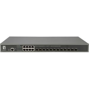 LevelOne 8x Ethernet / 12x SFP+ DRAM, Flash, AC, 50/60 Hz (8 Havens), Netwerkschakelaar, Grijs