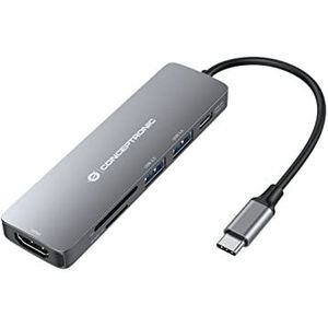 Conceptronic DONN 6-in-1 multifunctionele USB-adapterhub, HDMI, USB-C PD, 1 x USB 3.0, 1 x USB 2.0, SD/TF-kaartlezer - grijs 110517507101