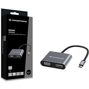 Conceptronic Donn 4-in-1 Docking Station USB 3.2Gen1 100W PD (USB A), Docking station + USB-hub, Grijs