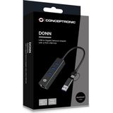 Conceptronic - Adapter USB3.0 - RJ45 - 3xUSB3.0 - TypeC - 0.15m - Zwart