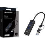 Conceptronic - Adapter USB3.0 - RJ45 - 3xUSB3.0 - TypeC - 0.15m - Zwart