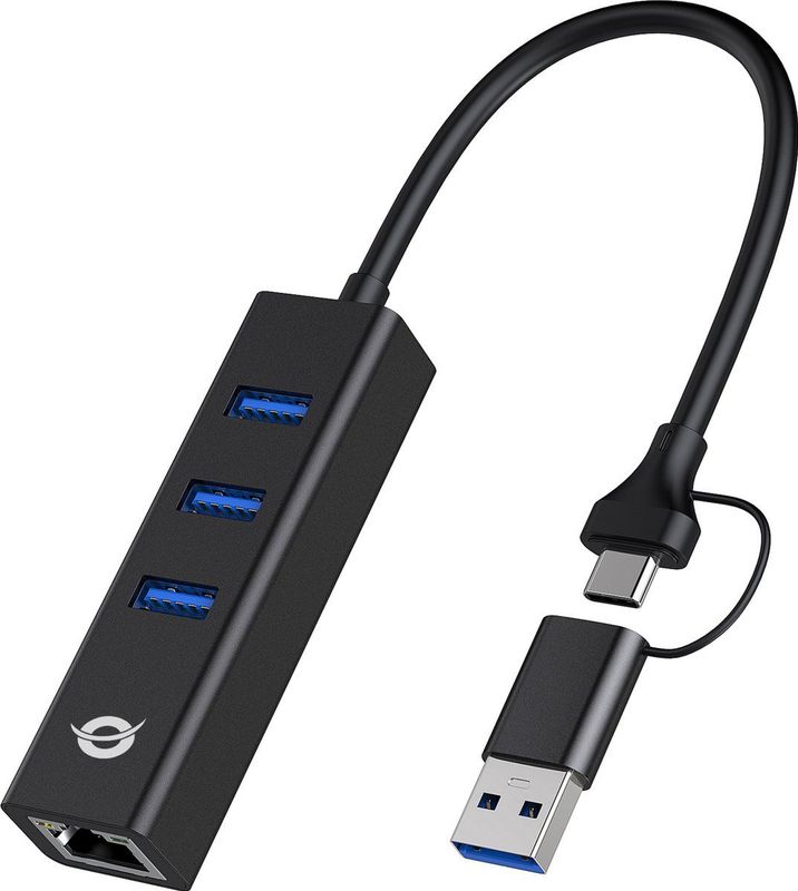Conceptronic - Adapter USB3.0 - RJ45 - 3xUSB3.0 - TypeC - 0.15m - Zwart