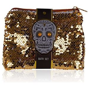 accentra Cadeauset SKULL CHIC verzorgingsset in White Musk geur - 3-delige cadeauset in stijlvolle pailletten make-uptas in doodshoofd-look