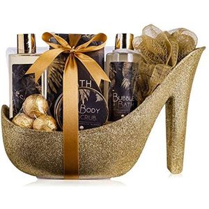 accentra - Women's Vanilla-Almond Scent Gift Set - Luxe Beauty Set met douchegel, badzout, bodylotion, scrub & net spons etc. - 9-delige badset voor vrouwen met glitter keramische stiletto