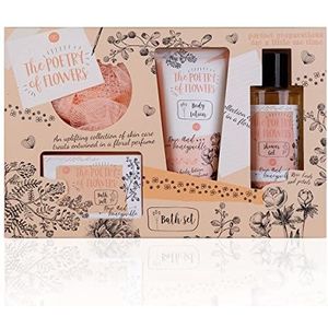 accentra - cadeauset voor vrouwen POËZIE VAN BLOEMEN 4-delig - badset cadeau met bodylotion, badzout, douchegel & meshspons - wellnessset voor dames & meisjes voor verjaardagen & speciale gelegenheden