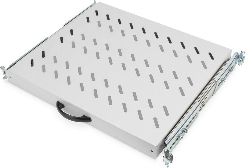 DIGITUS Ausziehbarer Fachboden - 19-Zoll - 1HE - Befestigung Vorne & Hinten - Traglast 25 kg - Für Netzwerkschänke & Serverschränke - Ab 600 mm Schranktiefe - Grau