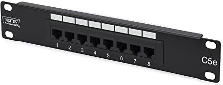 DIGITUS Cat-5e Patchpanel - 8 Ports - RJ45-Buchsen - 10-Zoll Rack-Mount 1HE - LSA Verteilerfeld - Ungeschirmt - Schwarz