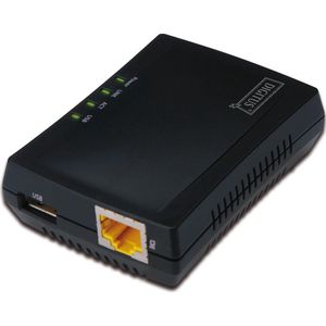 DIGITUS Fast Ethernet USB-netwerkserver, multifunctioneel voor NAS, USB-hub, printer, dvd-drive, 1 poort, USB 2.0, 10/100 Mbit/s netwerk, RJ45, zwart (de verpakking kan afwijken van de afbeelding)