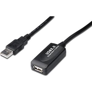 DIGITUS Actieve USB 2.0 verlengkabel - Repeater kabel - USB A male naar USB A female - 15 m - 480 Mbit/s - Plug & Play - Voeding via USB - Zwart