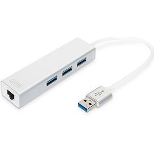 DIGITUS USB-hub, 3 poorten, RJ45 Ethernet-poort, Super-Speed USB 3.0-5 GBit/s, Gigabit LAN, aluminium behuizing