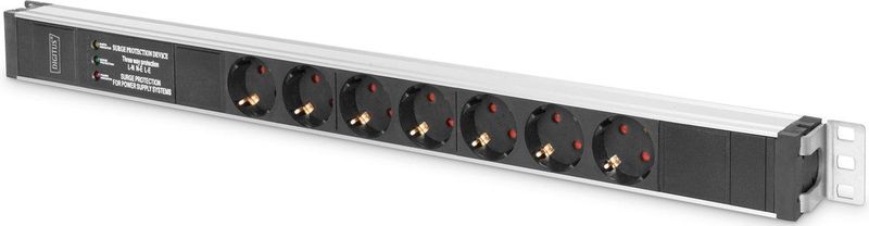 Digitus DN-95412 19 inch Stekkerdoos voor patchkast 1 HE Geaarde contactdoos Overspanningsbescherming Zwart