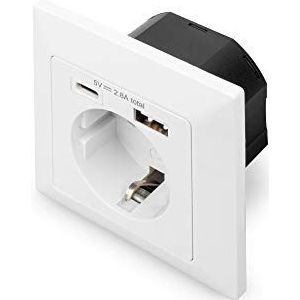 DIGITUS Inbouwstopcontact met USB-lader - 1x USB-A bis 2.8A / 1x USB-C bis 2.8A - Voor meerdere series - Signaalwit RAL 9003