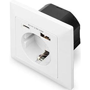 DIGITUS Inbouwstopcontact met USB-oplader – 2 stopcontacten (USB-A en USB-C) – 5 V/2,8 A totaal – 250 V 50 Hz – wit