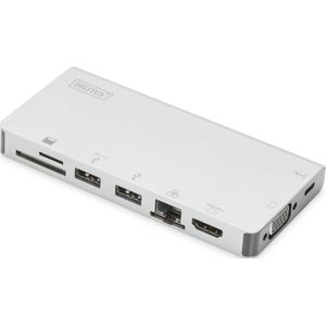 DIGITUS Multiport USB-C dockingstation 8 poorten - HDMI VGA RJ45 2x USB 3.0 oplaadaansluiting kaartlezer - zilver