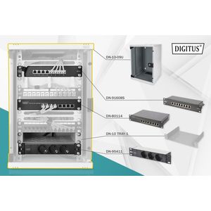 DIGITUS 10-inch Set - Netwerkkast 9 U - Grijs - Plank - Contactdoosstrip - Patchpaneel - Gigabit Switch