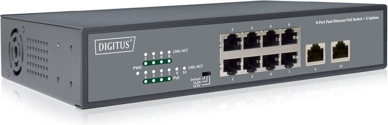 Digitus - 8-poorts Fast Ethernet PoE Schakelaar - Grijs - 10 Havens